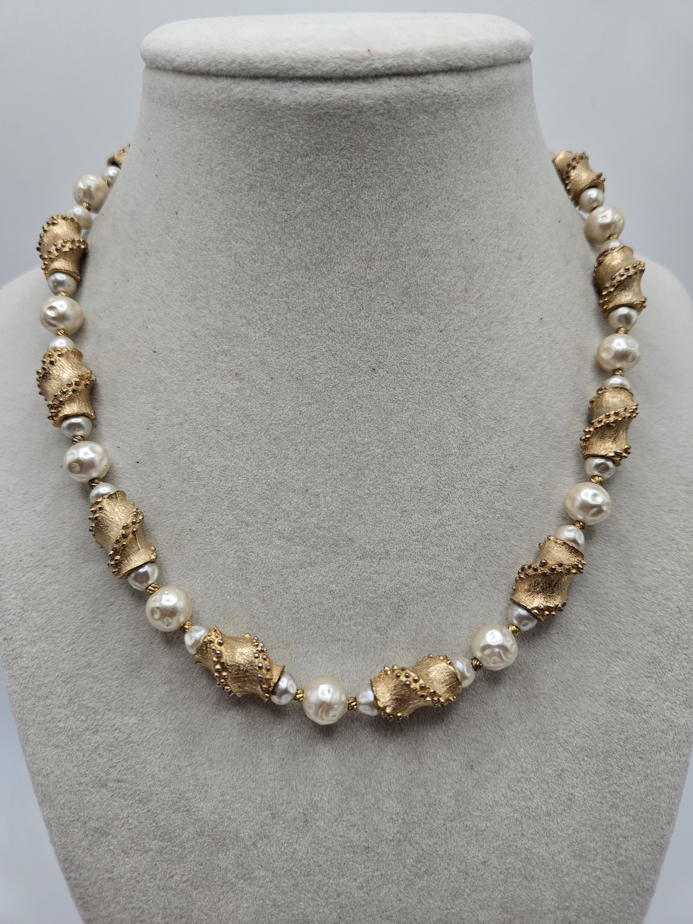 VINTAGE Signed Crown Trifari Gold Plated Faux Pearl Necklace Shepherd's Hook 50s